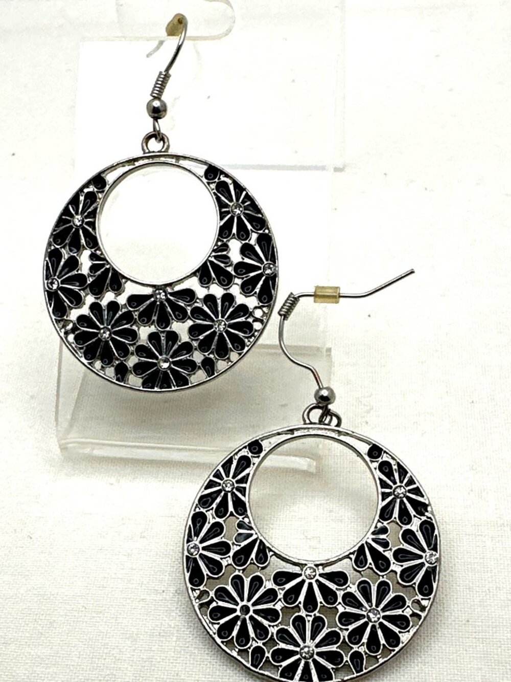Daisy Flower Hoop Earrings Black Silver Floral Rhinestone Accents